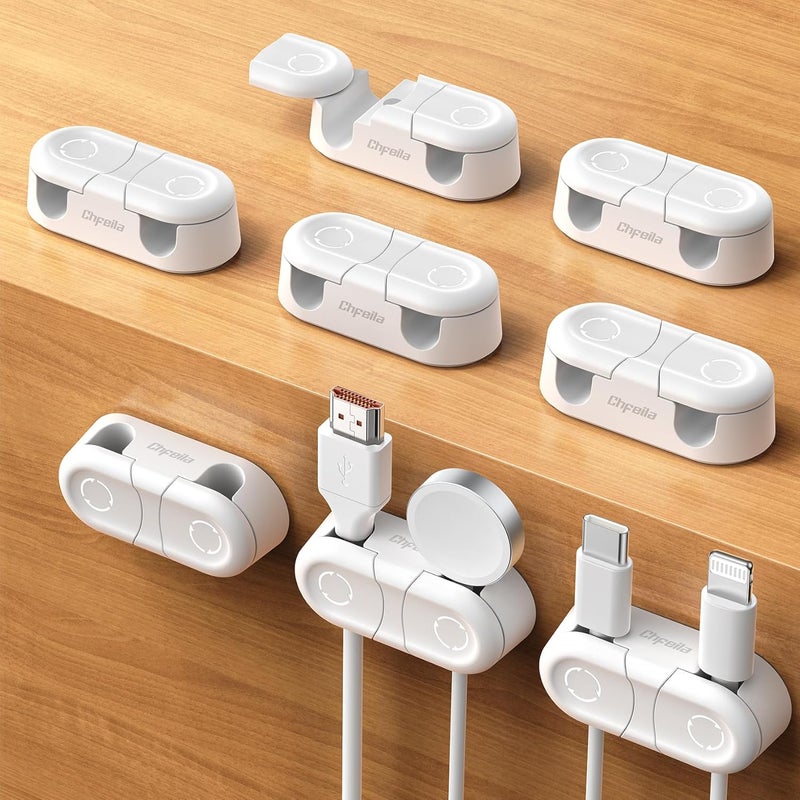 Chfeila Magnetic Cable Clips - 8Pack [Dual Slot] [360°Rotating & Twist-Lock] Cord Management, Adhesive Phone Charging Keeper, Wire Organizer Holder for Nightstand, Home Office Desk Accessories Decor - Image 1